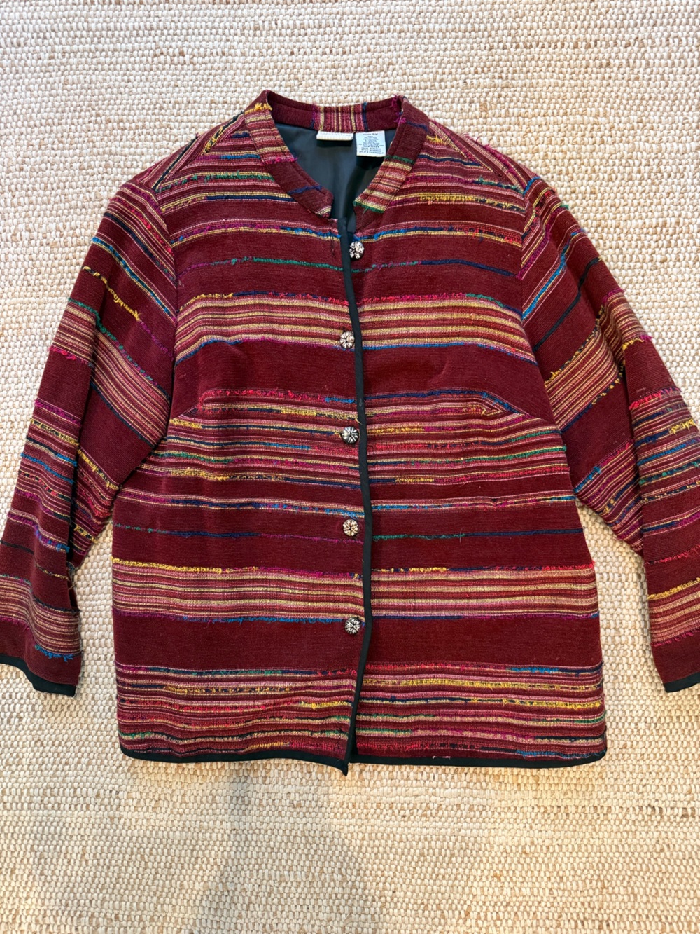 White Stag Striped Burgundy Multicolor Button Jacket Artisan Feel Boho Size 16 W